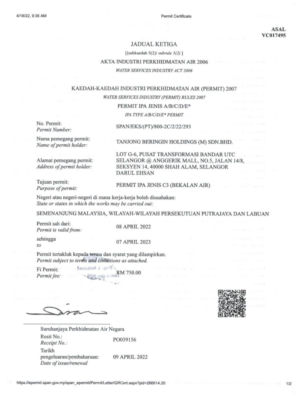 Permit IPA Jenis C3 (Bekalan Air) - SPAN