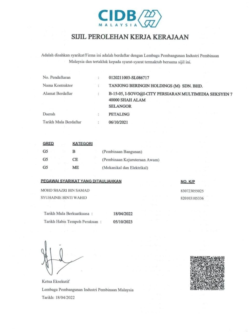 Sijil Perolehan Kerja Kerajaan (SPKK) G5 - CIDB