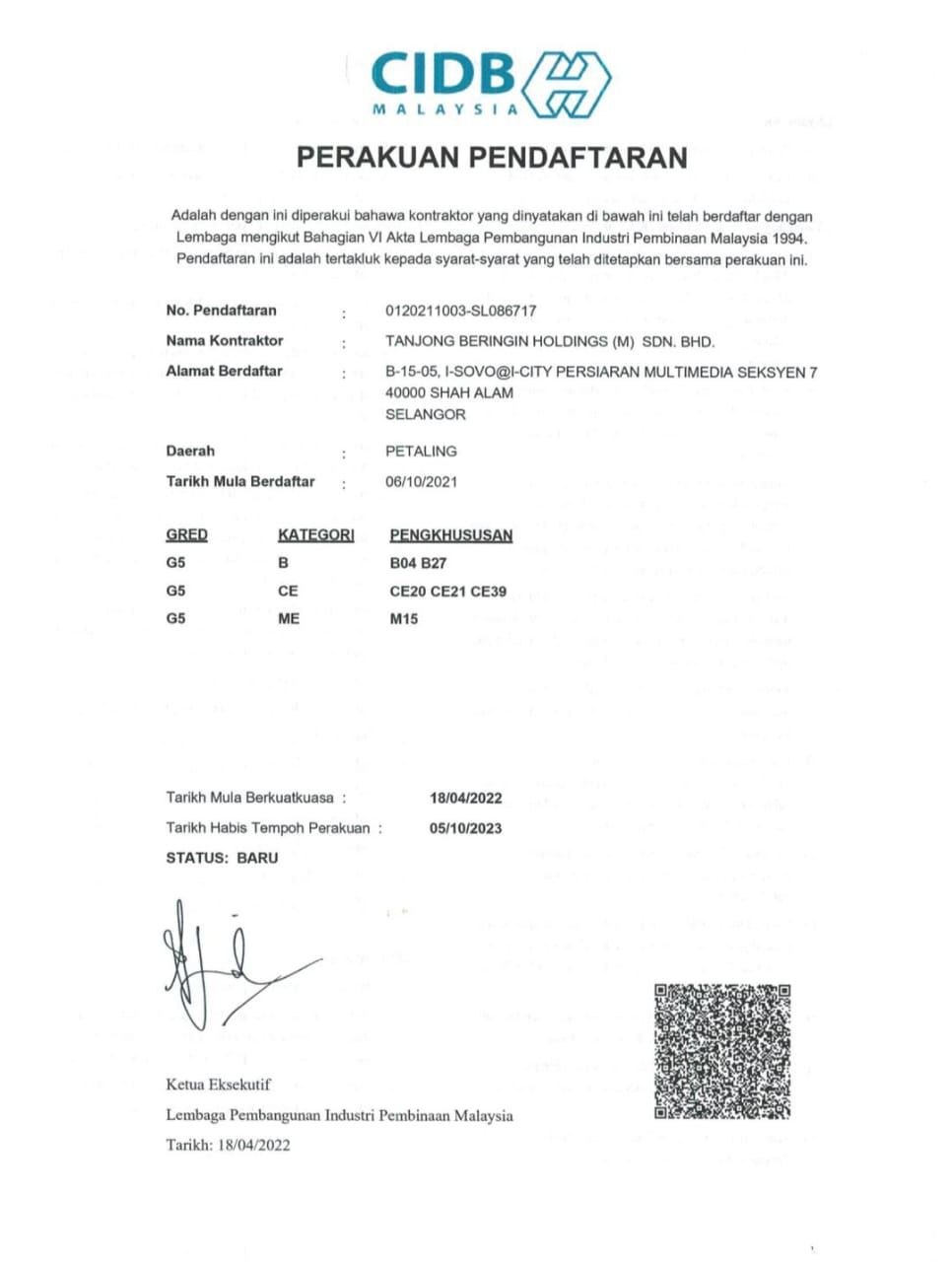 Perakuan Pendaftaran Kontraktor Gred G5 - CIDB